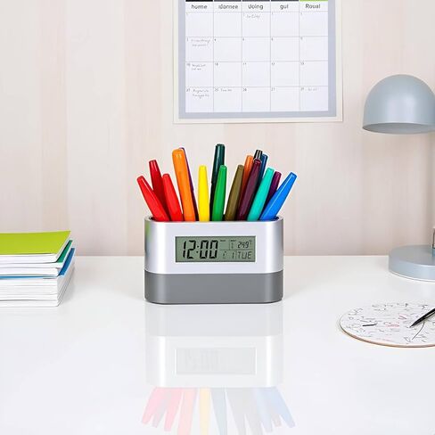 Desktop Pencil Cup, LCD Electronic Clock Pen Holder Lcd Electronic Clock Perpetual Calendar Clock Multifunctional Desk Clock Calendar Stationery Organizer for Office and Home in Kuwait