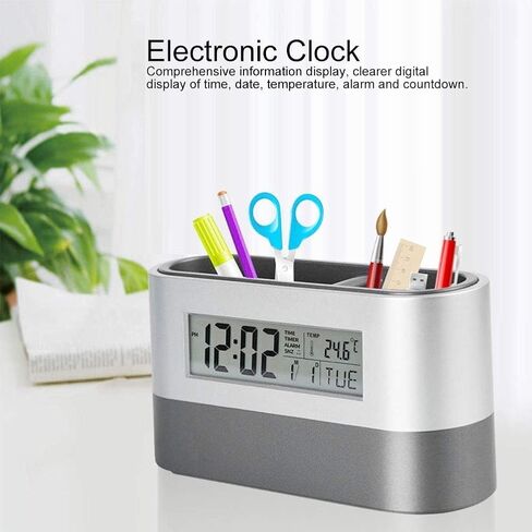 Desktop Pencil Cup, LCD Electronic Clock Pen Holder Lcd Electronic Clock Perpetual Calendar Clock Multifunctional Desk Clock Calendar Stationery Organizer for Office and Home in Kuwait