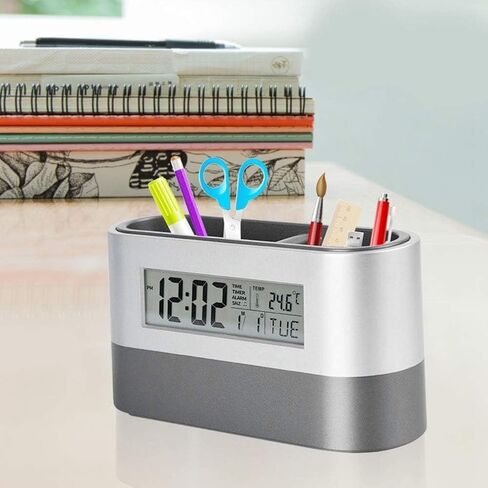Desktop Pencil Cup, LCD Electronic Clock Pen Holder Lcd Electronic Clock Perpetual Calendar Clock Multifunctional Desk Clock Calendar Stationery Organizer for Office and Home in Kuwait