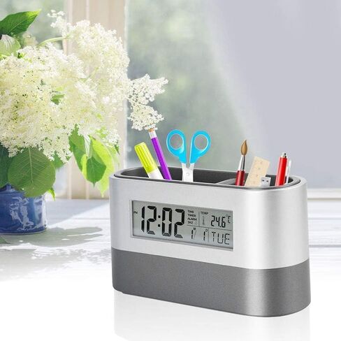 Desktop Pencil Cup, LCD Electronic Clock Pen Holder Lcd Electronic Clock Perpetual Calendar Clock Multifunctional Desk Clock Calendar Stationery Organizer for Office and Home in Kuwait