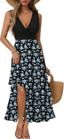 فستان IHOT النسائي بوهو عالي ومنخفض متوسط ​​الطول ملفوف على شكل حرف V بدون أكمام زهري للصيف والشاطئ فستان كاجوال in Kuwait