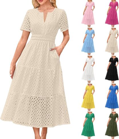 Eyelet Dresses for Women 2025 Cotton Short Sleeve Dresses Casual V Neck Maxi Sundress Summer Vacation Sundress in Saudi Arabia