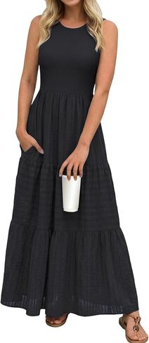 popvil Women Summer Maxi Dress 2026 Spring Sleeveless Elegant Classy Cotton Long Dress Flowy A-Line Crew Neck Dress in Kuwait