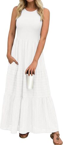 popvil Women Summer Maxi Dress 2026 Spring Sleeveless Elegant Classy Cotton Long Dress Flowy A-Line Crew Neck Dress in Saudi Arabia