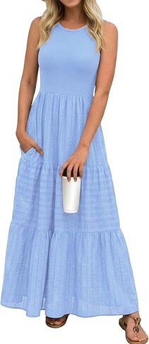 popvil Women Summer Maxi Dress 2026 Spring Sleeveless Elegant Classy Cotton Long Dress Flowy A-Line Crew Neck Dress in Saudi Arabia