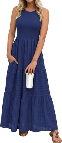 popvil Women Summer Maxi Dress 2026 Spring Sleeveless Elegant Classy Cotton Long Dress Flowy A-Line Crew Neck Dress in Saudi Arabia