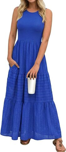 popvil Women Summer Maxi Dress 2026 Spring Sleeveless Elegant Classy Cotton Long Dress Flowy A-Line Crew Neck Dress in Saudi Arabia