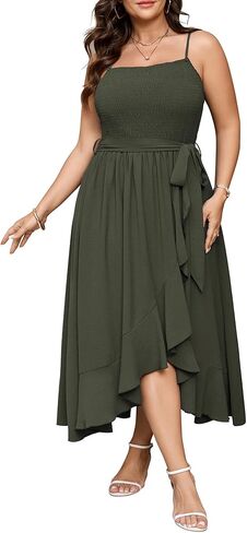 Women's Plus Size Summer Spaghetti Strap Maxi Dress Smocked Ruffle Wedding Guest Party Cocktail Holiday Dresses in Kuwait
