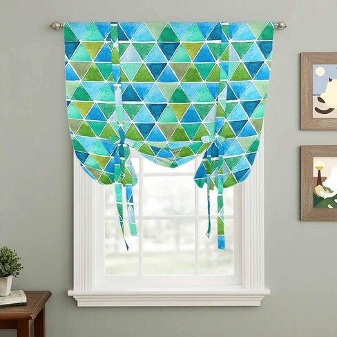 Watercolor Geometric Tie Up Curtains for Window, Modern Abstract Minimalist Art Blue Thermal Insulated Balloon Shade Adjustable Rod Pocket Curtains Valance Panels for Kitchen Bathroom Café 34'' x 45'' in Saudi Arabia