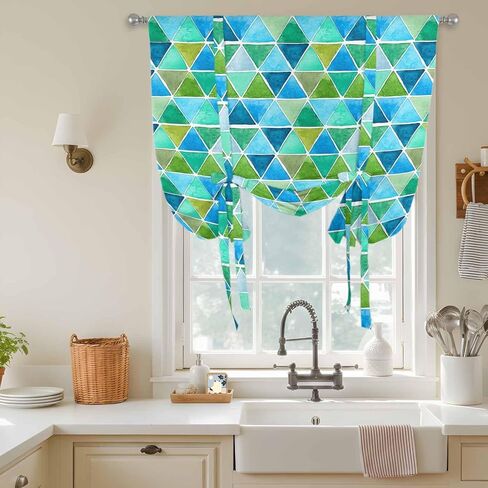 Watercolor Geometric Tie Up Curtains for Window, Modern Abstract Minimalist Art Blue Thermal Insulated Balloon Shade Adjustable Rod Pocket Curtains Valance Panels for Kitchen Bathroom Café 34'' x 45'' in Saudi Arabia