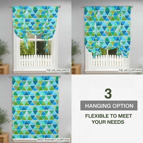 Watercolor Geometric Tie Up Curtains for Window, Modern Abstract Minimalist Art Blue Thermal Insulated Balloon Shade Adjustable Rod Pocket Curtains Valance Panels for Kitchen Bathroom Café 34'' x 45'' in Saudi Arabia