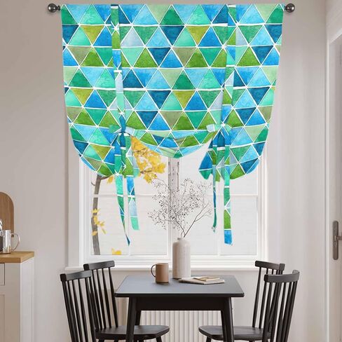 Watercolor Geometric Tie Up Curtains for Window, Modern Abstract Minimalist Art Blue Thermal Insulated Balloon Shade Adjustable Rod Pocket Curtains Valance Panels for Kitchen Bathroom Café 34'' x 45'' in Saudi Arabia