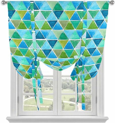 Watercolor Geometric Tie Up Curtains for Window, Modern Abstract Minimalist Art Blue Thermal Insulated Balloon Shade Adjustable Rod Pocket Curtains Valance Panels for Kitchen Bathroom Café 34'' x 45'' in Saudi Arabia