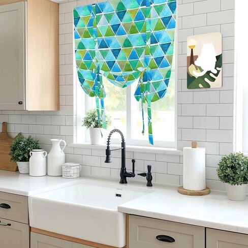 Watercolor Geometric Tie Up Curtains for Window, Modern Abstract Minimalist Art Blue Thermal Insulated Balloon Shade Adjustable Rod Pocket Curtains Valance Panels for Kitchen Bathroom Café 34'' x 45'' in Saudi Arabia