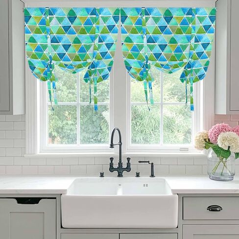 Watercolor Geometric Tie Up Curtains for Window, Modern Abstract Minimalist Art Blue Thermal Insulated Balloon Shade Adjustable Rod Pocket Curtains Valance Panels for Kitchen Bathroom Café 34'' x 45'' in Saudi Arabia