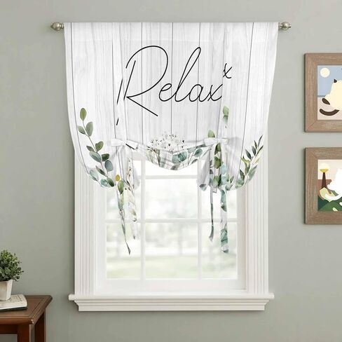 Green Eucalyptus Leaves Tie Up Curtains for Window, Summer Botanical Vintage Wooden Thermal Insulated Balloon Shade Adjustable Rod Pocket Curtains Valance Panels for Kitchen Bathroom Café 52'' x 63'' in Saudi Arabia