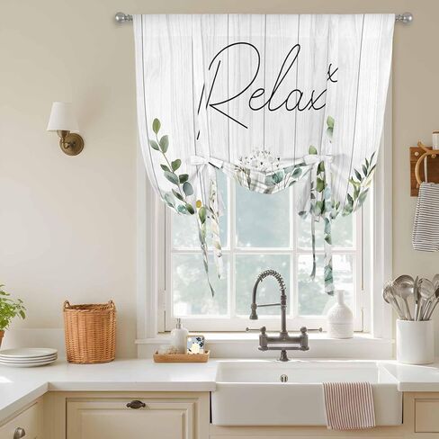 Green Eucalyptus Leaves Tie Up Curtains for Window, Summer Botanical Vintage Wooden Thermal Insulated Balloon Shade Adjustable Rod Pocket Curtains Valance Panels for Kitchen Bathroom Café 52'' x 63'' in Saudi Arabia