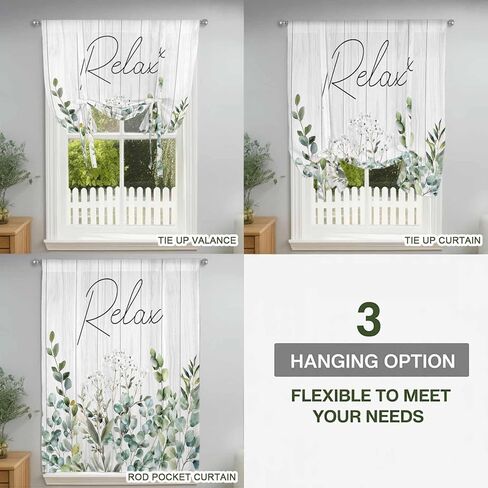 Green Eucalyptus Leaves Tie Up Curtains for Window, Summer Botanical Vintage Wooden Thermal Insulated Balloon Shade Adjustable Rod Pocket Curtains Valance Panels for Kitchen Bathroom Café 52'' x 63'' in Saudi Arabia