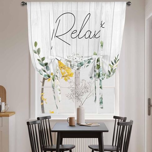Green Eucalyptus Leaves Tie Up Curtains for Window, Summer Botanical Vintage Wooden Thermal Insulated Balloon Shade Adjustable Rod Pocket Curtains Valance Panels for Kitchen Bathroom Café 52'' x 63'' in Saudi Arabia