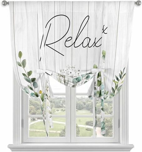 Green Eucalyptus Leaves Tie Up Curtains for Window, Summer Botanical Vintage Wooden Thermal Insulated Balloon Shade Adjustable Rod Pocket Curtains Valance Panels for Kitchen Bathroom Café 52'' x 63'' in Saudi Arabia