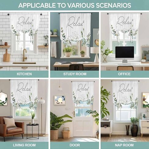 Green Eucalyptus Leaves Tie Up Curtains for Window, Summer Botanical Vintage Wooden Thermal Insulated Balloon Shade Adjustable Rod Pocket Curtains Valance Panels for Kitchen Bathroom Café 52'' x 63'' in Saudi Arabia