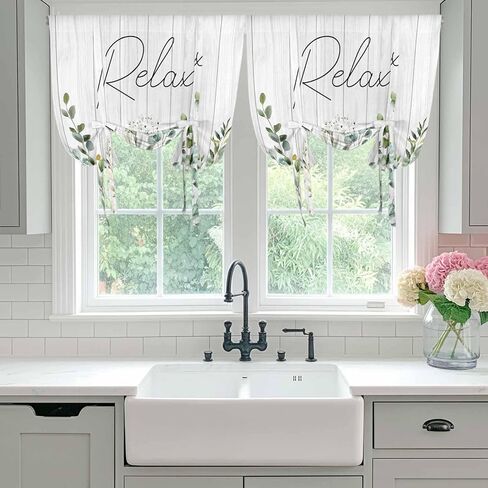 Green Eucalyptus Leaves Tie Up Curtains for Window, Summer Botanical Vintage Wooden Thermal Insulated Balloon Shade Adjustable Rod Pocket Curtains Valance Panels for Kitchen Bathroom Café 52'' x 63'' in Saudi Arabia
