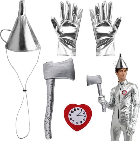 Tin Costume Accessories for Men Women, Silver Funnel Hat Inflatable Axe Gloves Heart Brooch Set for Cosplay Halloween Party Dress Up in Kuwait