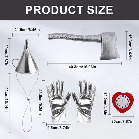 Tin Costume Accessories for Men Women, Silver Funnel Hat Inflatable Axe Gloves Heart Brooch Set for Cosplay Halloween Party Dress Up in Kuwait