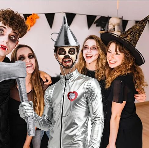 Tin Costume Accessories for Men Women, Silver Funnel Hat Inflatable Axe Gloves Heart Brooch Set for Cosplay Halloween Party Dress Up in Kuwait