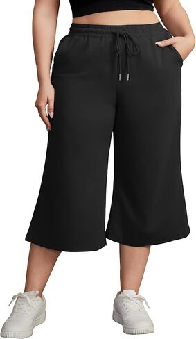 FOREYOND Plus Size Capri Pants for Women Flared Leg Yoga Pants with Pockets Loose Fit Workout Activewear Sweatpants in Saudi Arabia