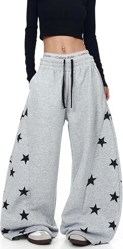 بنطال رياضي واسع الساق Y2k للنساء، سروال برباط مطبوع عليه نجمة in Kuwait