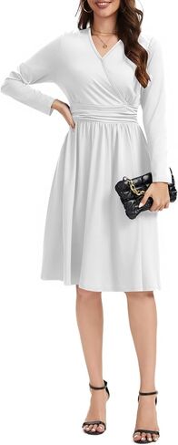 فستان نسائي كاجوال ميدي فستان صيفي خريفي مزين بالورود وأكمام طويلة وفتحة رقبة على شكل حرف V فساتين محتشمة مع جيوب in Kuwait