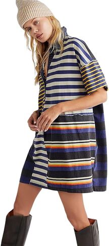 utcoco Womens Mid Sleeve Striped Mini Dress Casual Loose Color Block Patchwork 1/2 Button Shirt Dresses in Saudi Arabia