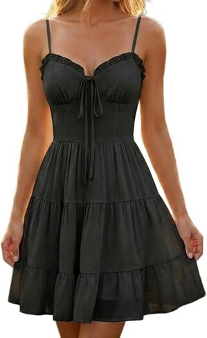 SKAYS Women's Fitted Dress Ruffles Tie-Up Sleeveless High-Waisted A-Line Suspender Dress in Saudi Arabia