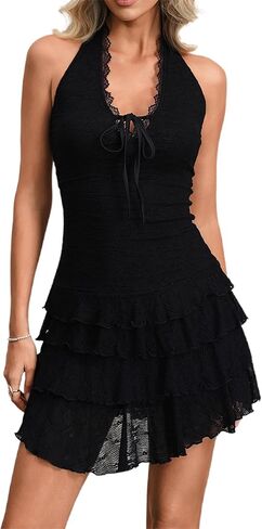 HYPERFIRE Women's Halter Backless Lace Western Cowgirl Dress Layered Hem Festival Outfit in Kuwait