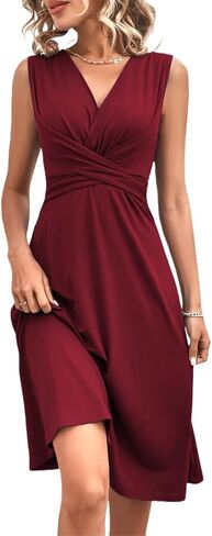 Womens Summer V Neck Sleeveless Sundress Solid Color Cross Waist Pleated Sleeveless Midi Dress Flowy Dresses in Kuwait