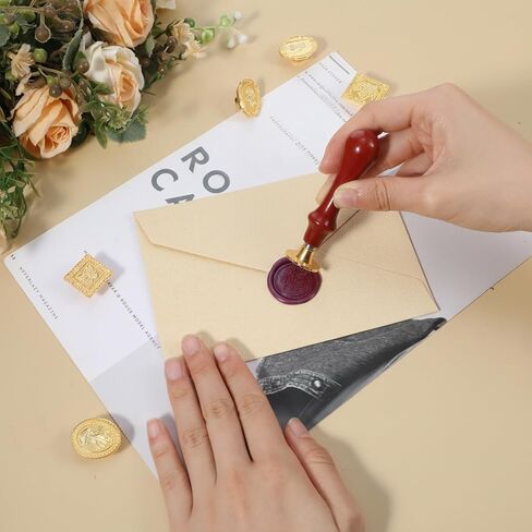 Vintage Wax Seal Stamp Kit - 6 Pcs Zinc Alloy Stamps Heads and Wooden Handle - Wax Seal Kit for Wedding Invitations, Envelopes, Gift Packaging, and Greeting Cards in Kuwait