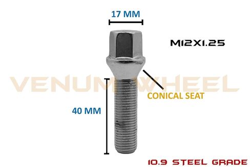 مجموعة كاملة من مسامير العروة المخروطية المدببة من الكروم M12x1.25 بطول ساق ممتد 40 مم متوافق مع عجلات مصنع جيب فيات دودج كرايسلر ألفا روميو وما بعد البيع in Kuwait