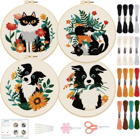 BEUNITONE Flower Embroidery Kit for Beginners 4 Pack Embroidery Starter Kit for Adult Cat Plant Books Pattern Stamped Cross Stitch Set with Instructions Embroidery Hoops Easy for DIY Craft 7.9'' in Kuwait