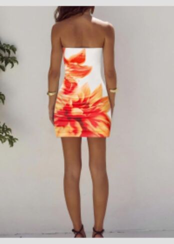 Women's Strapless Floral Print Bodycon Mini Dress Orange & White Abstract Flower Party Dress in Saudi Arabia