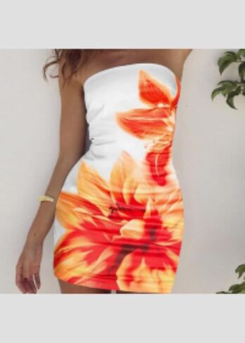 Women's Strapless Floral Print Bodycon Mini Dress Orange & White Abstract Flower Party Dress in Saudi Arabia