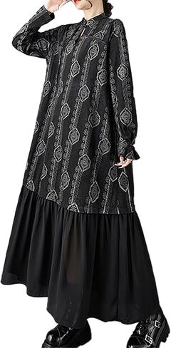 ellazhu Women's Dress Mock Neck Tie Waist Printed Long Sleeve Plus Size Maxi Hem Pockets GZ717 A in Saudi Arabia