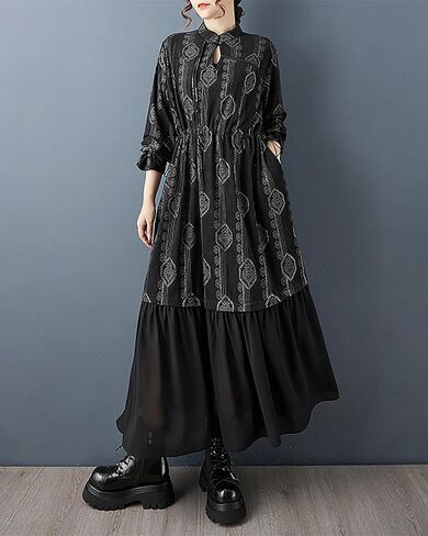 ellazhu Women's Dress Mock Neck Tie Waist Printed Long Sleeve Plus Size Maxi Hem Pockets GZ717 A in Saudi Arabia