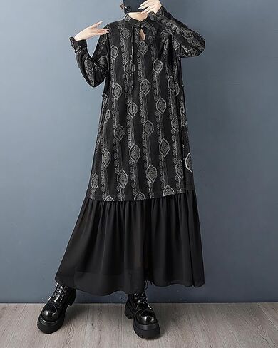 ellazhu Women's Dress Mock Neck Tie Waist Printed Long Sleeve Plus Size Maxi Hem Pockets GZ717 A in Saudi Arabia