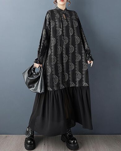 ellazhu Women's Dress Mock Neck Tie Waist Printed Long Sleeve Plus Size Maxi Hem Pockets GZ717 A in Saudi Arabia