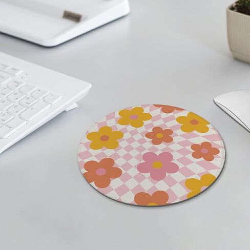 Groovy Retro Pink Checkered Preppy Colorful Floral Mouse Pad Mousepad for Desk Home Office Dorm Computers Laptop Accessories, 7.9x7.9 Inch in Saudi Arabia