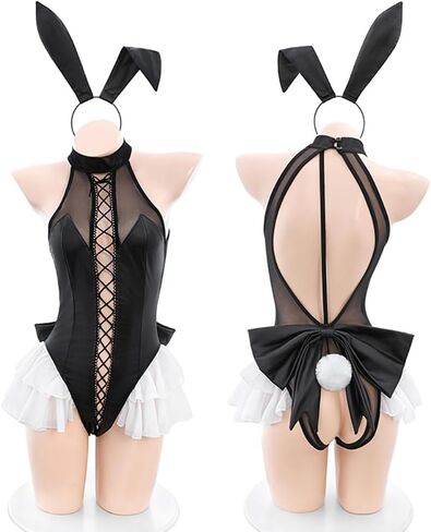 ملابس داخلية نسائية مثيرة على شكل أرنب للنساء، زي لعب الأدوار التنكري للبالغين، ملابس خادمة للبالغين، ملابس داخلية على شكل أرنب فتاة أنمي قطعة واحدة، بدلة بيبي دول آذان، مجموعة حمالة صدر لحفلات عيد الميلاد باللون الأسود in Kuwait