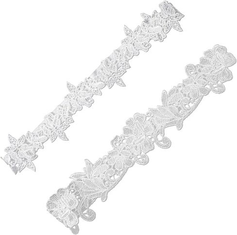 قطعتان من الأربطة للعروس، مجموعة أربطة الزفاف الأنيقة من الدانتيل، أربطة الزفاف ذات الساق الزهرية الممتدة، إكسسوارات الزفاف (أبيض) in Kuwait