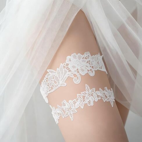 قطعتان من الأربطة للعروس، مجموعة أربطة الزفاف الأنيقة من الدانتيل، أربطة الزفاف ذات الساق الزهرية الممتدة، إكسسوارات الزفاف (أبيض) in Kuwait