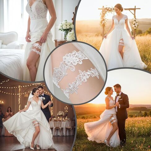 قطعتان من الأربطة للعروس، مجموعة أربطة الزفاف الأنيقة من الدانتيل، أربطة الزفاف ذات الساق الزهرية الممتدة، إكسسوارات الزفاف (أبيض) in Kuwait